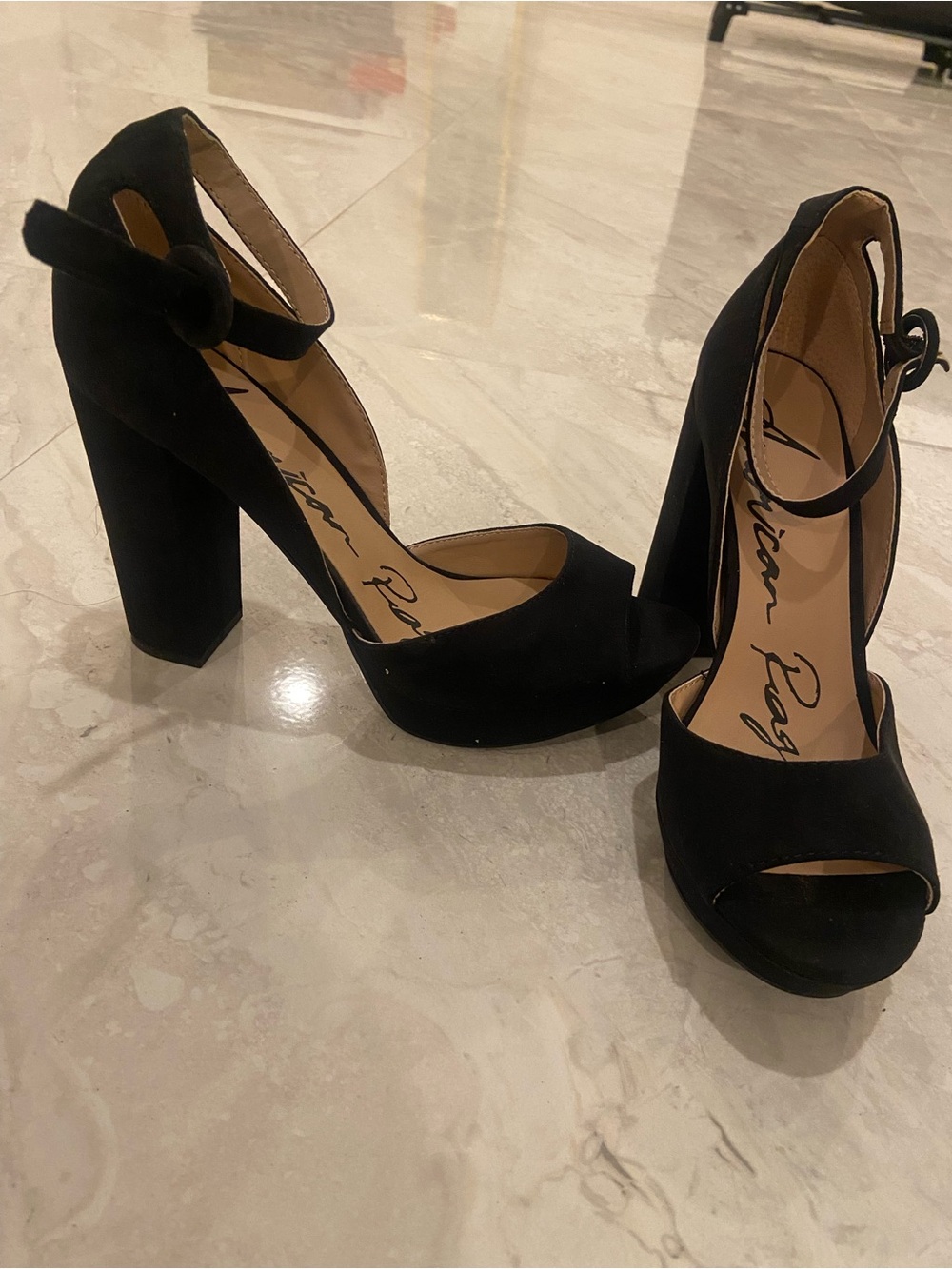 American Rag Black Suede Peep-Toe Block Heel with Ankle Strap